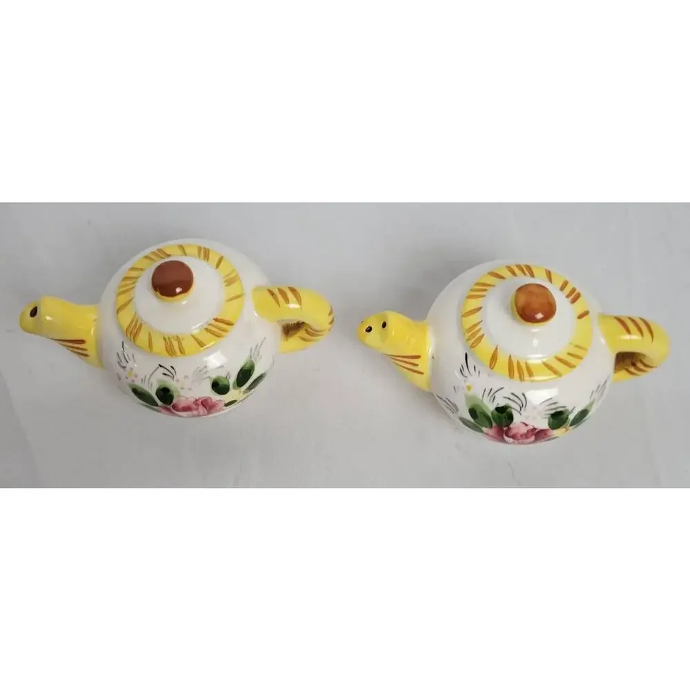 Vintage Ceramic Salt & Pepper Shakers Teapot with Floral Painting and Stripes